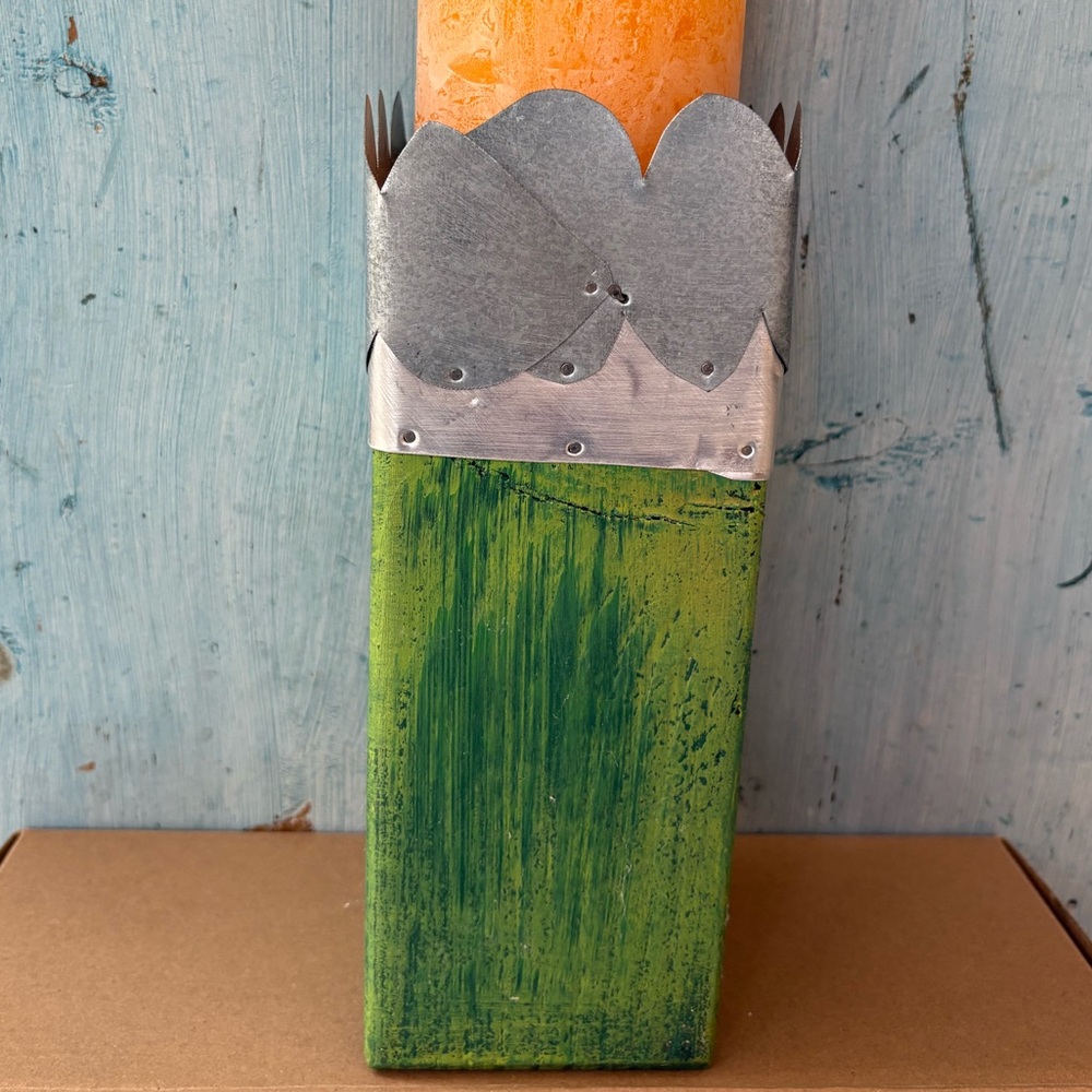 Artisan-Made Wood & Tin Decorative Green Candle Holder with Etched Saying - Picture 7 of 12
